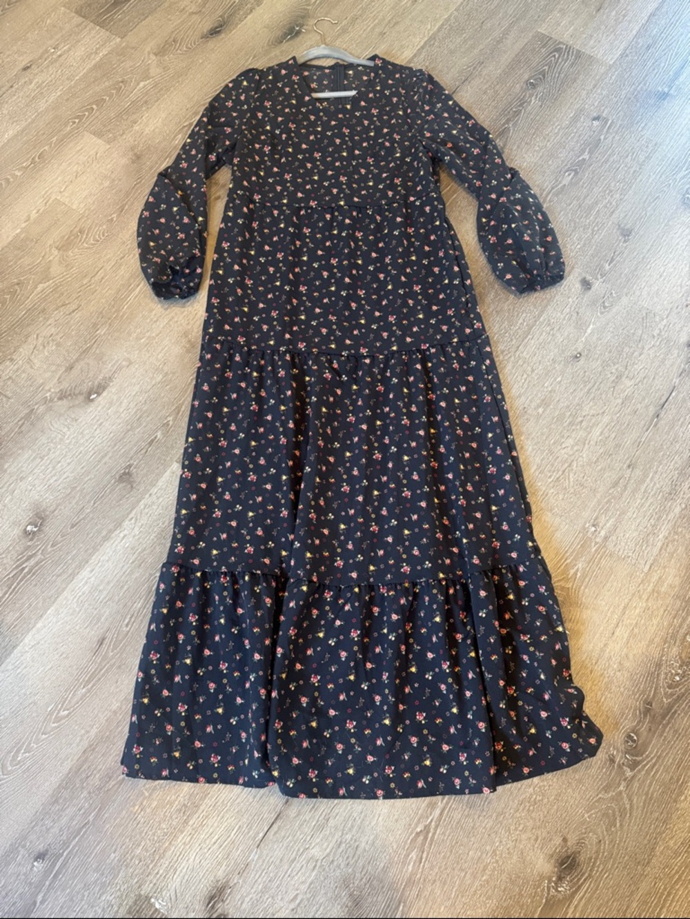 Black Floral Long Sleeve Tiered Maxi Dress - Small Floral Print